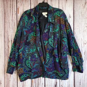 Sonata Vintage 1980s Paisley Sz 10 Rayon Jacket Shoulder Pads Womens Green Retro